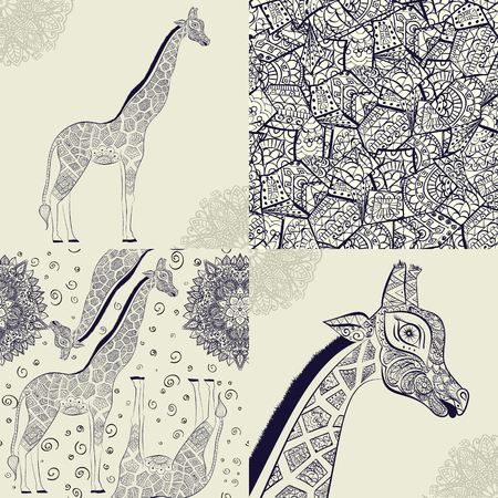 adult Giraffe.  Illustration of ornamental giraffe. isolated giraffe on white background. Seamless pattern from an ornamental giraffe on lightの写真素材
