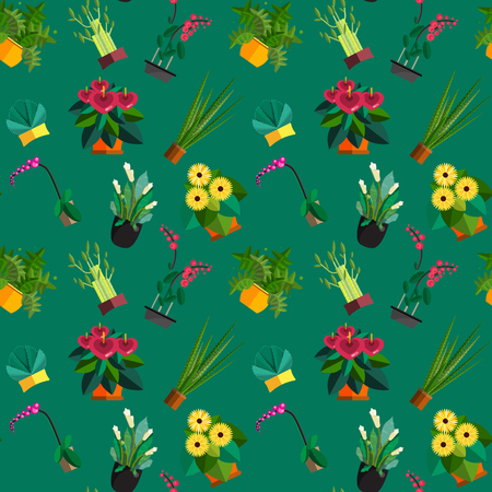 Seamless pattern of houseplants, indoor and office plants in pot. Dracaena, fern, bamboo, spathyfyllium, orchids, Calla lily, aloe vera, gerbera, snake plant, anthuriums. Flat seamless plants, vector icon setのイラスト素材