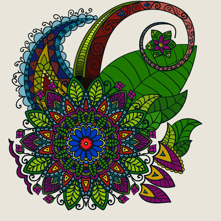 Hand drawn Mandala, circular colored pattern for decoration, colored mandala decor, mandala flowers and leafs. Boho mandala flowers on whiteの写真素材
