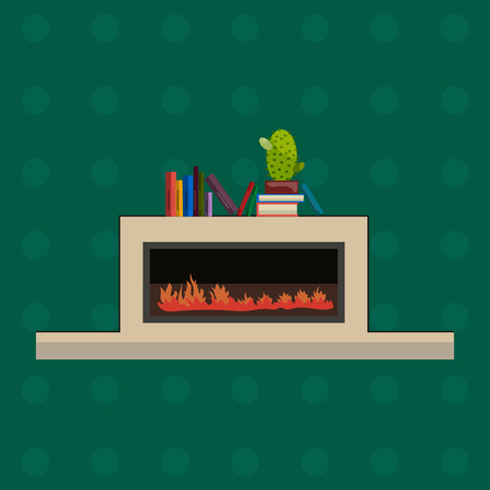 Vector illustration of fireplace in flat style. Design element for interior design, fireplace with fire. Fireplace with books and cactus on it.のイラスト素材