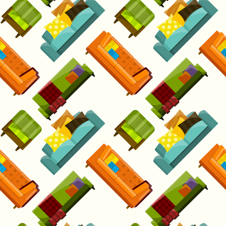 Sofa flat seamless pattern. Modern vector illustration of sofa. Decor elements flat sofa. Interior design elements Sofa with pillow and armchair. Set of couch and bright sofaのイラスト素材