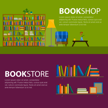 Library, bookstore - Seamless pattern with books on bookshelves. Books in shelves for bookstore. Seamless pattern from books for bookshop. Sale in bookstore.のイラスト素材