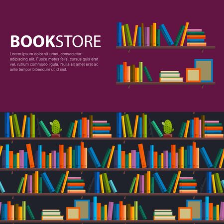 Library, bookstore - Seamless pattern with books on bookshelves. Books in shelves for bookstore. Seamless pattern from books for bookshop. Sale in bookstore.のイラスト素材