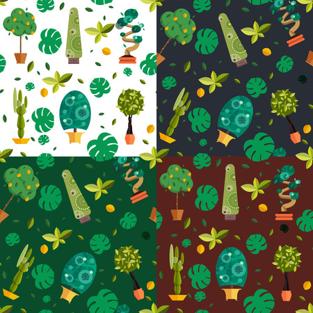 Seamless pattern with houseplants, indoor and office flowers in pot. Seamless pattern with home plants for garden or home. Seamless pattern potted plants. Flat plants, vector plants pattern. Home plant for greenhouse seamless.のイラスト素材