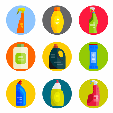 Vector set of cleaning tools. Flat design style. Cleaning supplies isolated. Cleaning bottles, Stuff for cleaning room and house. Cleaning concept. Set of cleaning products.のイラスト素材