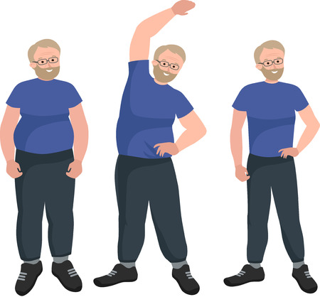 People with different body mass. Weight loss people, before and after weight loss, old and young people doing exercise Healthy fitness and sport family.のイラスト素材