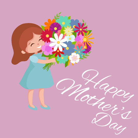 Vector illustraion baby girl with flowers greeting cart Happy Mothers Dayのイラスト素材