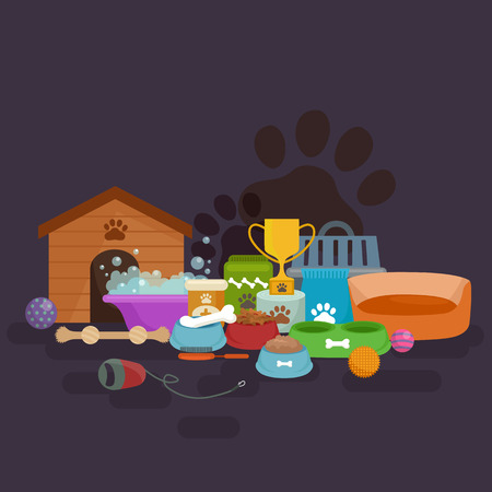 Pet shop, dog goods and supplies, store products for dog careのイラスト素材