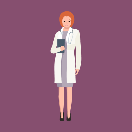 Woman doctor in white lab coat, researcher with folder vector illustrationのイラスト素材