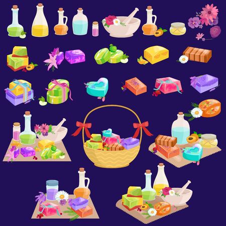 Homemade bars soaps, flowers and essential oil. vector illustrations icon setのイラスト素材