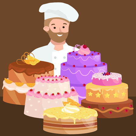 Confectioner cartoon character with cake. Vector illustration. Catering mascot, identity character. Pastry-cook.のイラスト素材