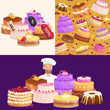 confectionery shop Sale. Set of sweets, cakes. desserts with prices. vector illustrationのイラスト素材