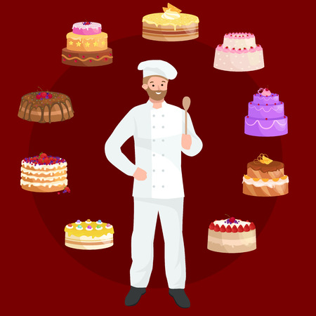 Confectioner cartoon character with cake. Vector illustration. Catering mascot, identity character. Pastry-cook.のイラスト素材