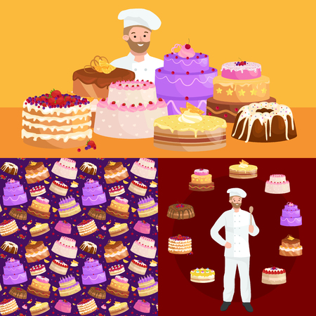 Confectioner cartoon character with cake. Vector illustration. Catering mascot, identity character. Pastry-cook.のイラスト素材