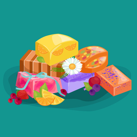 Homemade bars soaps, flowers and essential oil. vector illustrations icon setのイラスト素材