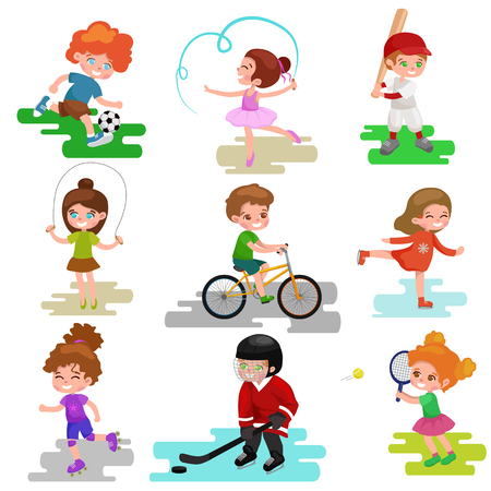 Kids sport, isolated boy and girl playing active games vector illustrationのイラスト素材