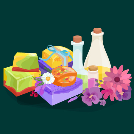 Homemade bars soaps, flowers and essential oil. vector illustrations icon setのイラスト素材