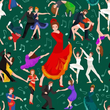 Seamless pattern. Dancing People, Dancer Bachata, Hiphop, Salsa, Indian, Ballet, Strip, Rock and Roll, Break, Flamenco, Tango, Contemporary, Belly Dance Pictogram Icon Dancing style of design concept set vector illustration setのイラスト素材