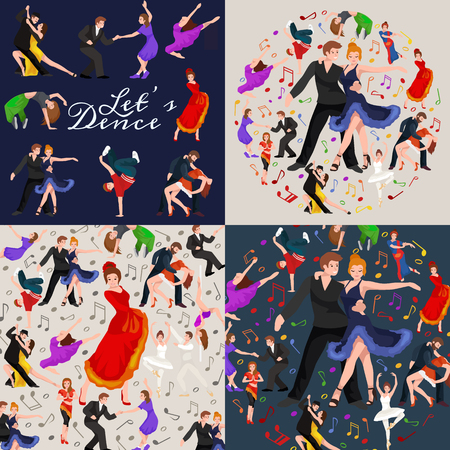 Vector illustration of couple dancing modern dance, Partners dance bachata, Dancing style design concept set, traditional dance flat icon isolated vector illustration, Man and woman ballroom dancing.のイラスト素材