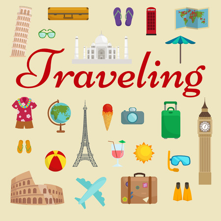 Travel tourism icons vector illustration, vacation traveling on airplane, planning a summer vacation, tourism and journey objects and passenger luggage isolated case for baggageのイラスト素材