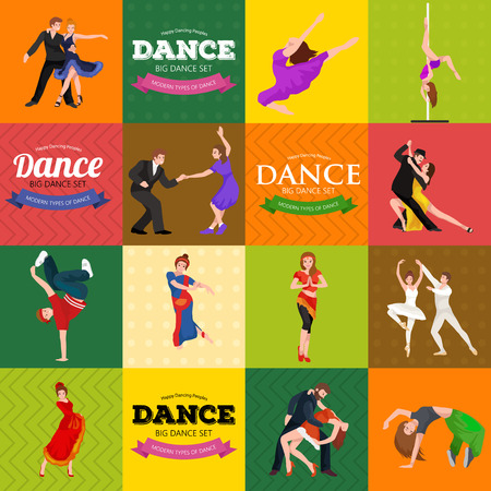 Dancing People, Dancer Bachata, Hiphop, Salsa, Indian, Ballet, Strip, Roch and Roll, Break, Flamenco, Tango, Contemporary, Belly Dance Pictogram Icon Dancing style of design concept set vector illustration setのイラスト素材