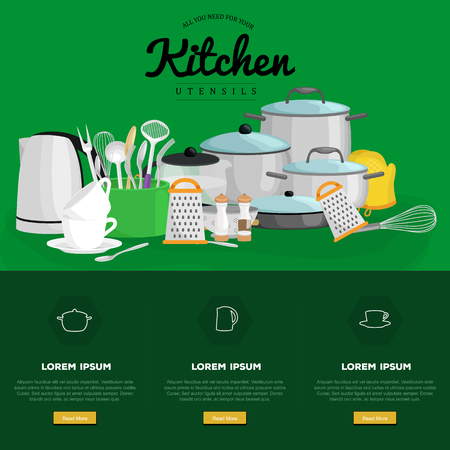 Food and cooking banner set with kitchenware utensils, Kitchen set of tools for cook or cooking meals. Vector illustration of isolated kitchen utensil. Background with utensil, cook equipment, domestic tools for homeのイラスト素材