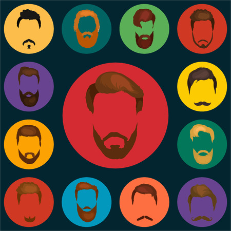 Peoples hairstyle icon, collection of beards and mustaches for barbershop.Mans trendy haircut types for barber shop. Isolated collection of mans beards design, haircut of head heir and mustaches.Hipster hair and beards, fashion vector illustration set.のイラスト素材