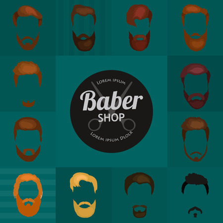 Mans hair set of beards and mustaches vector. Hipster style fashion beards and hair isolated illustration. Peoples hairstyle icon, collection of beards and mustaches for barbershop.Mans trendy haircut types for barber shop. Isolated collection of mans beaのイラスト素材