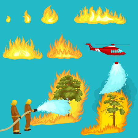 Firefighters in protective clothing and helmet with helicopter extinguish with water from hoses dangerous wildfire.Man fighter rescue helicopter put out the fire in forest landscape damage vectorのイラスト素材