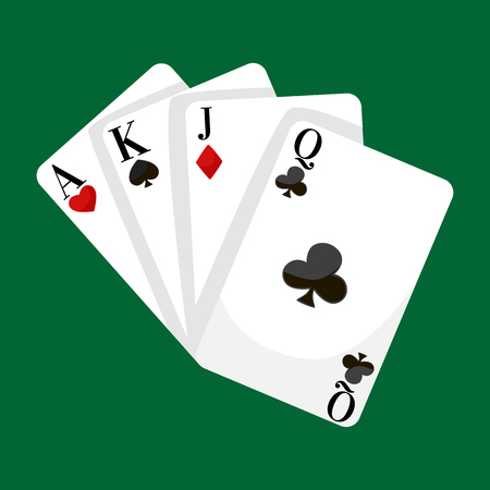 Playing Poker Cards Vector illustration, win gambling casino icon, risk and play poker, isolated cards deck on green backgroundのイラスト素材