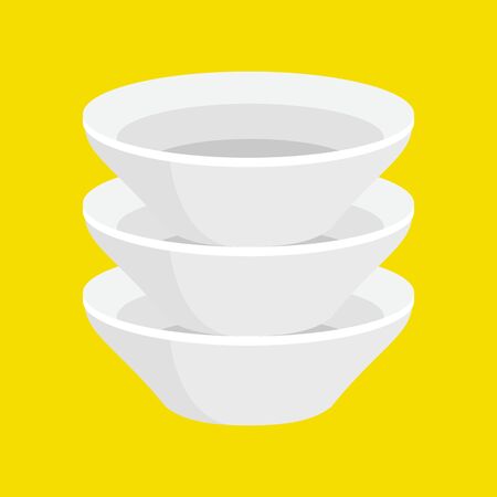 Kitchen household cutlery clean teacups and white ceramic plate stacked vector illustration setのイラスト素材