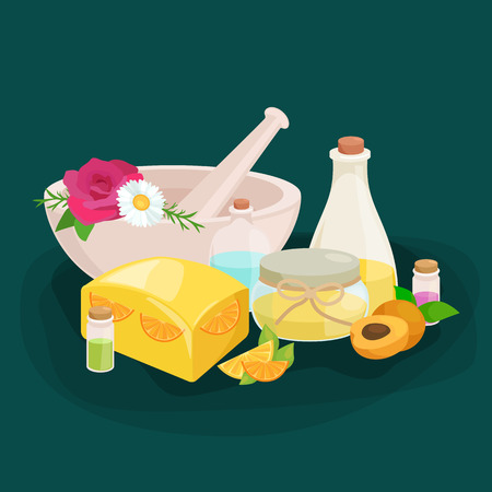 Natural Handmade Soap and Olives vector illustration setのイラスト素材