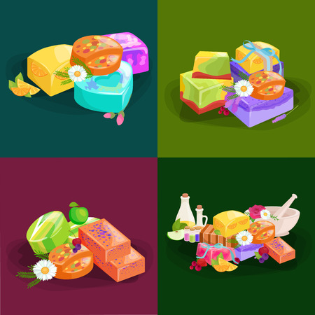 Homemade bars soaps, flowers and essential oil. vector illustrations icon setのイラスト素材