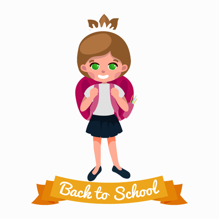 little girl with school backpack and books, back to school concept vector illustrationのイラスト素材