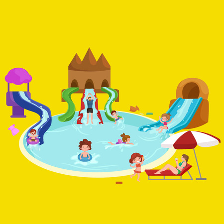 Waterpark aquapark playground with slides and splash pads for family fun vector illustration. Summer aquapark waterpark and happy child aquapark. Amusement swim fun childhood aquapark waterparkのイラスト素材