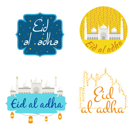 vector holiday illustration of handwritten Eid Al Adha shiny label. lettering composition of muslim holy month with mosque building, sparkles and glittersのイラスト素材