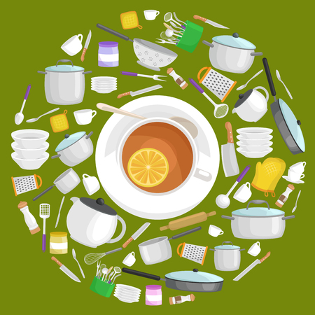 Kitchenware icons vector set. Cartoon kitchen utensil collection spoon pot food knife fork cup pan spatula ladle plate dish bowl colander whisk grater. Steel kitchen household cutlery, cooking equipment toolsのイラスト素材