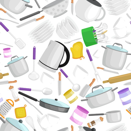 Kitchenware icons vector set. Cartoon kitchen utensil collection spoon pot food knife fork cup pan spatula ladle plate dish bowl colander whisk grater. Steel kitchen household cutlery, cooking equipment toolsのイラスト素材