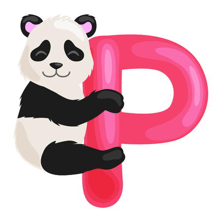 animal panda and letter P for kids abc education in preschool.Cute animals letters english alphabet. Cartoon animals alphabet for learning letters vector illustration. Single letter with wild animal pandaのイラスト素材