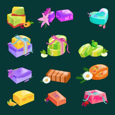 Homemade bars soaps, flowers and essential oil. vector illustrations icon setのイラスト素材