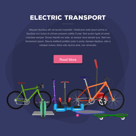 isolated electric scooter with power battery, one and two-wheeled mobility electric vehicle vector illustration, Eco alternative city transport. Flat biking and rolling wheels, kick scooter collectionのイラスト素材