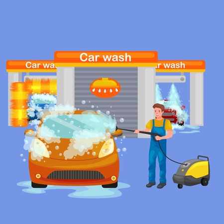 car wash services, auto cleaning with water and soap, car interior.のイラスト素材