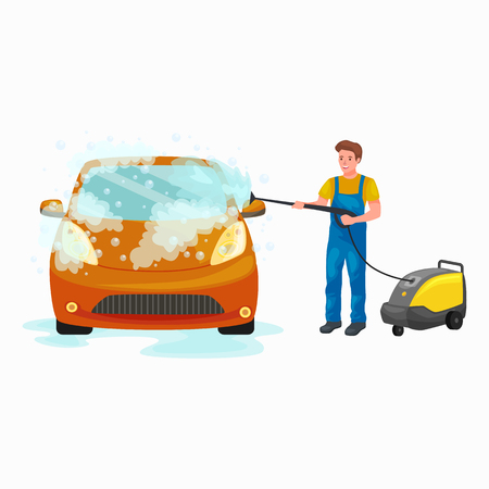 car wash services, auto cleaning with water and soap, car interior.のイラスト素材