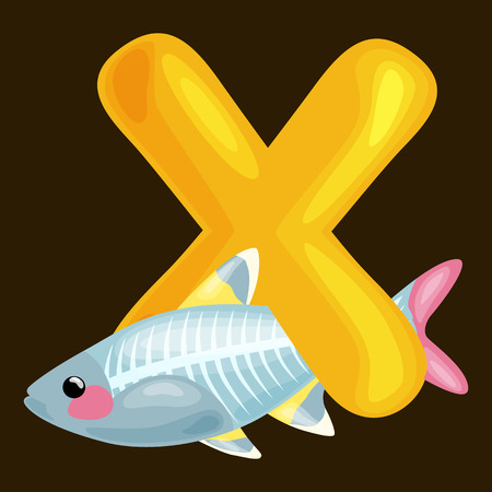 animal x-rayfish and letter X for kids abc education in preschool.Cute animals letters english alphabet. Cartoon animals alphabet for learning letters vector illustration. Single letter with wild animal x-rayfishのイラスト素材