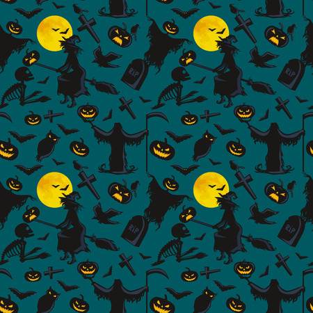 witch on a broomstick under a full moon with skeletons and pumpkins to the cemetery where the crows fly over the crosses vector illustrationのイラスト素材