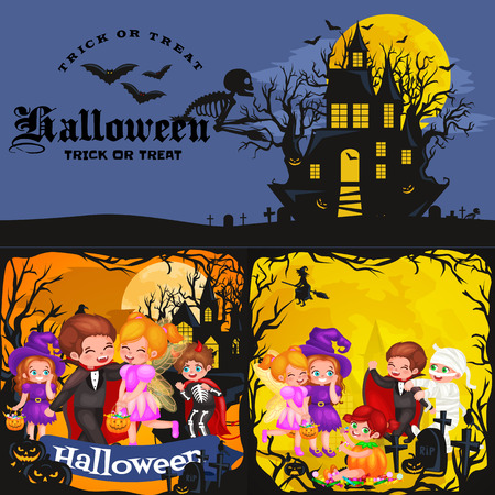 Cute colorful Halloween kids in costume for party set isolated vector illustration.のイラスト素材