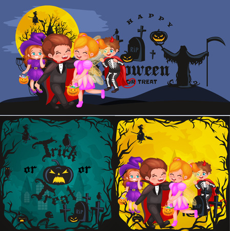 Cute colorful Halloween kids in costume for party set isolated vector illustration.のイラスト素材