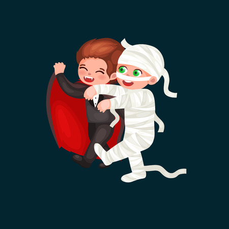 Cute colorful Halloween kids in costume for party set isolated vector illustration.のイラスト素材