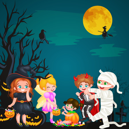 Cute colorful Halloween kids in costume for party set isolated vector illustration.のイラスト素材