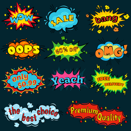 Comic sound effects in pop art vector style. Sound bubble speech with word and comic cartoon expression sounds illustration.のイラスト素材